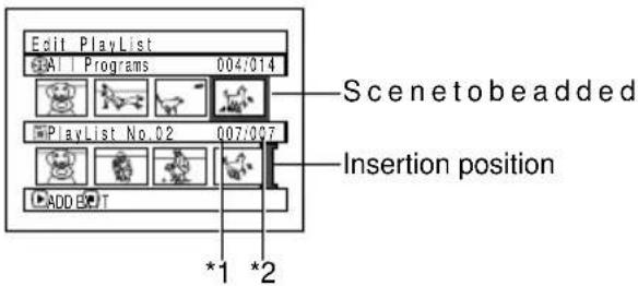 Edit PlayList All Programs 004/014 PlayList No.02 007/007 Scenetobadded Insertion position *1 *2