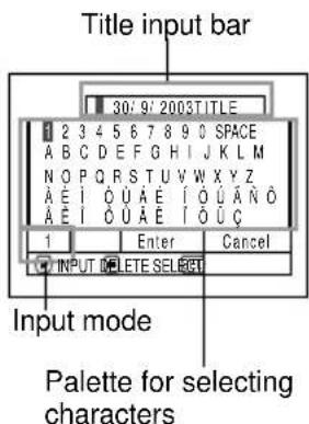 Title input bar 30:9'2003TITLE 1 2 3 4 5 6 7 8 9 0 SPACE A B C D E F G H I J K L M N O P Q R S T U V W X Y Z A E I O U A E I O U A N O A E I O U A E I O U C 1 Enter Cancel INPUT DELETE SELECT Input mode Palette for selecting characters