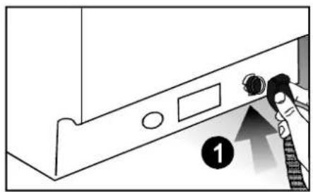Diagram showing a hand pressing a button on a device panel with an arrow and number 1 indicating direction or step.