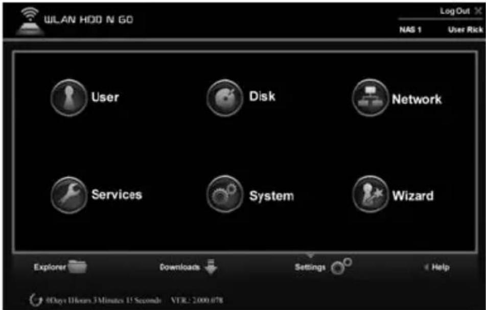 WLAN HDD N GO User Disk Network Services System Wizard Explorer Downloads Settings Help 0Days 1Hours 3Minutes 15 Seconds VTR: 2000.078 NAS 1 User Rick LogOut X Y Z