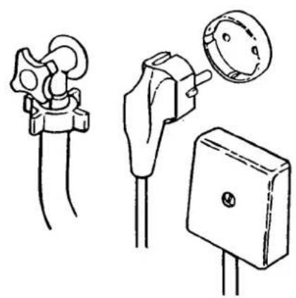Three technical line drawings of electrical components: a motor, a switch, and a box (no text or symbols)