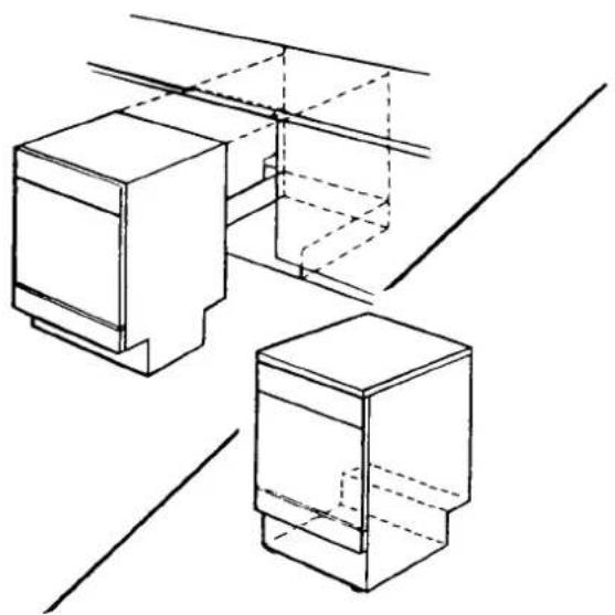 Technical line drawing of three 3D mechanical components with dashed construction lines (no text or symbols)