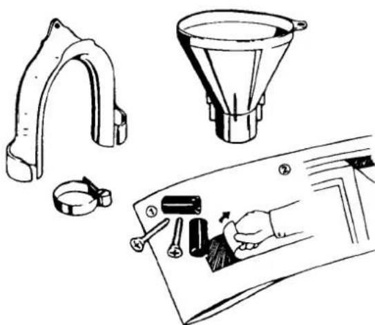 Technical line drawings of mechanical components including a curved bracket, funnel, and tool holder (no text or symbols)