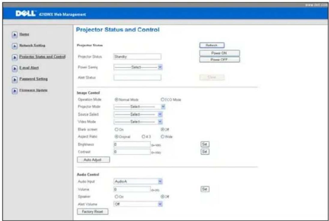 DELL 4310WX - Projector Status and Control Page (Projektorstatus og Kontrolside) - 1