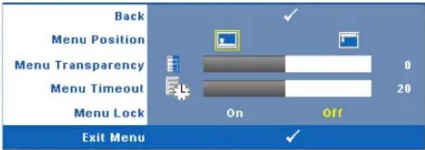 Back Menu Position Menu Transparency Menu Timeout Menu Lock On Off 0 20 Exit Menu