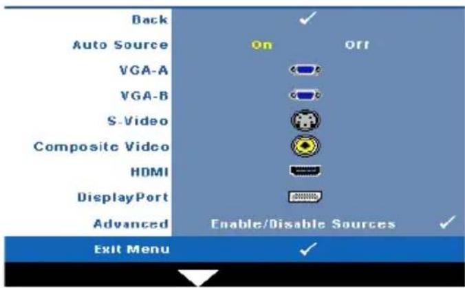 Back Auto Source VGA-A VGA-B S-Video Composite Vidco HDMI DisplayPort Advanced On Off Enable/Disable Sources Exit Menu