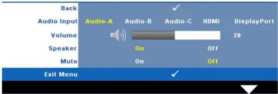 Back Audio Input Audio-A Audio-B Audio-C HDMI DisplayPort Volume 20 Speaker On Off Mute On Off Exit Menu ✓