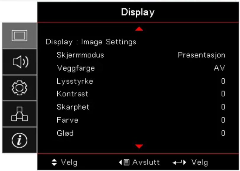 Display Display : Image Settings Skjermmodus Presentasjon Veggfarge AV Lysstyrke 0 Kontrast 0 Skarphet 0 Farve 0 Glød 0 Velg Avslutt Velg