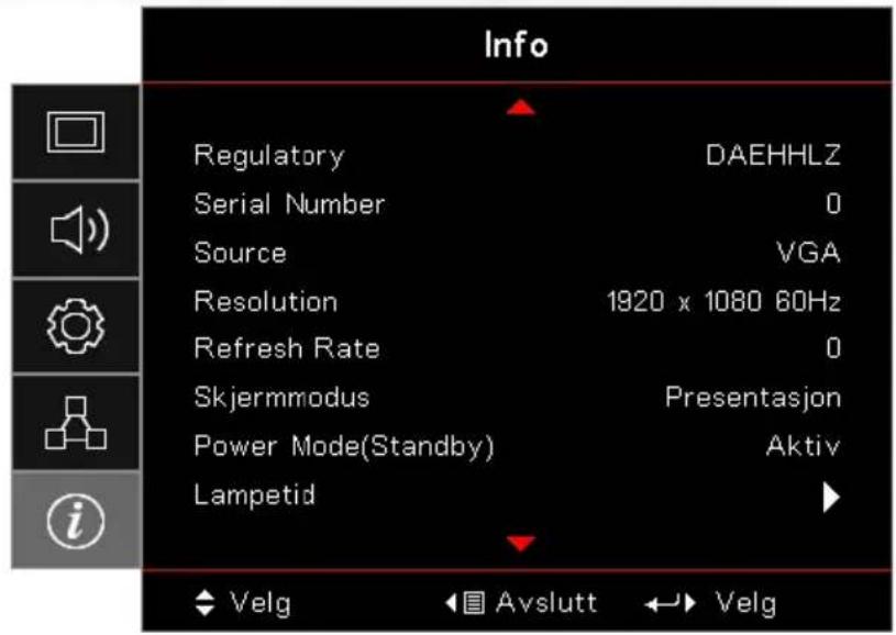 Info Regulatory DAEHHLZ Serial Number 0 Source VGA Resolution 1920 x 1080 60Hz Refresh Rate 0 Skjermmodus Presentasjon Power Mode(Standby) Aktiv Lampetid Velg Avslutt Velg