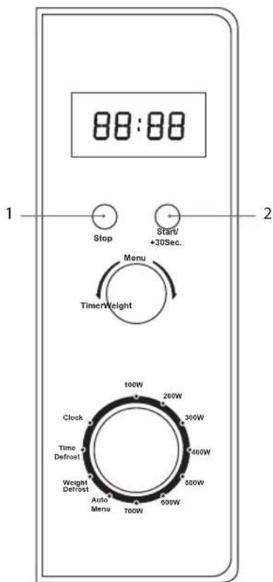 88:88 Stop Start/ +30Sec. Menu TimerWeight 1 2 Clock Time Defrost Weight Defrost Auto Menu 100W 200W 300W 400W 500W 600W 700W
