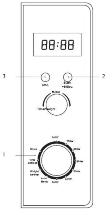 88:88 Stop Start/ +30Sec. Menu TimerWeight 100W 200W Clock Time Defrost Weight Defrost Auto Menu 700W 600W 400W 500W 300W 100W 200W 1