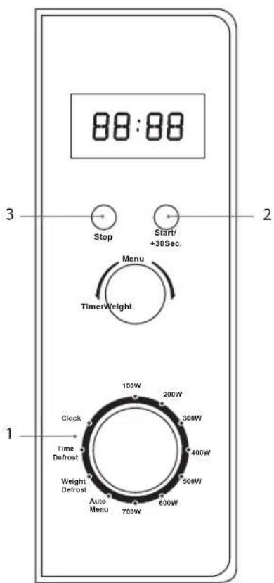 88:88 Stop Start/ +30Sec. Menu TimerWeight 100W 200W Clock Time Defrost Weight Defrost Auto Menu 700W 600W 200W 300W 400W 500W