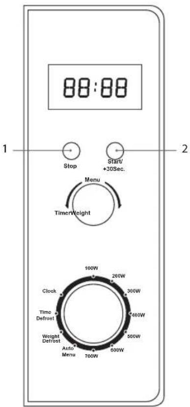 88:88 Stop Start/ +30Sec. Menu TimerWeight 1 2 Clock Time Defrost Weight Defrost Auto Menu 700W 600W 500W 400W 300W 200W 100W