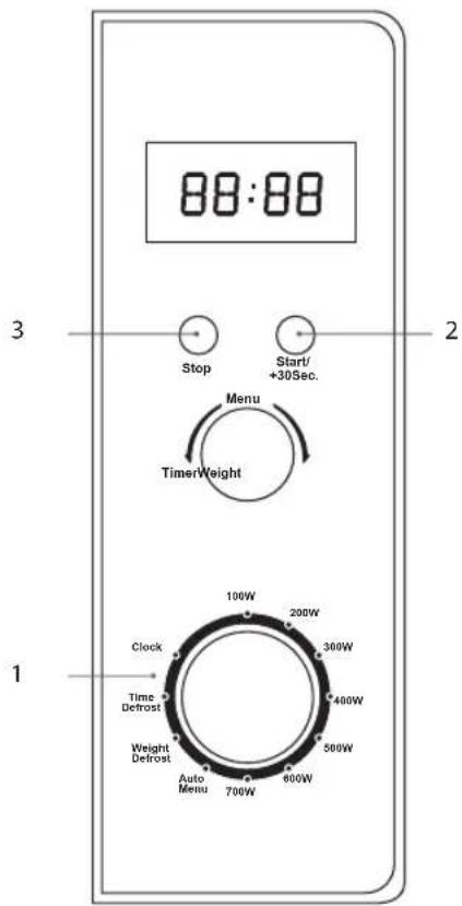 88:88 Stop Start/ +30Sec. Menu TimerWeight 100W 200W Clock Time Defrost Weight Defrost Auto Menu 700W 600W 400W 500W 300W 200W 100W 200W 300W 400W 500W