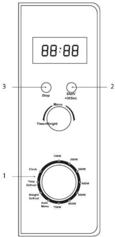 88:88 Stop Start/ +30Sec. Menu TimerWeight 1 Clock Time Defrost Weight Defrost Auto Menu 700W 600W 500W 400W 300W 200W 100W 3 2 1 3 2 1