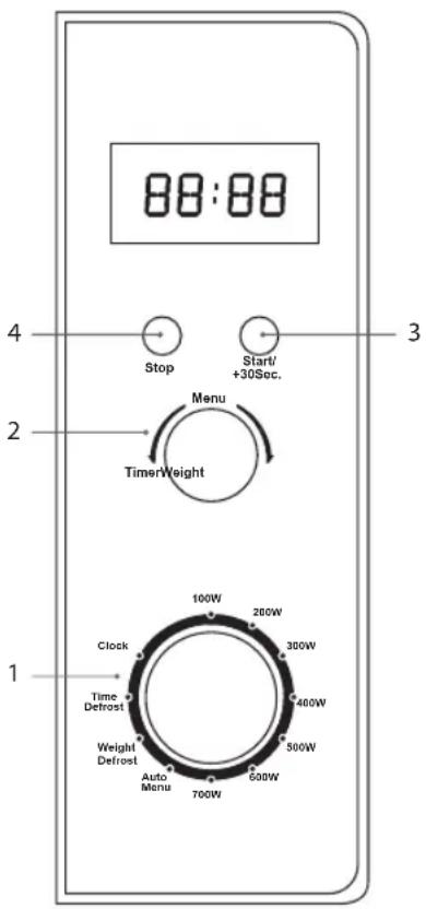 88:88 Stop Start/ +30Sec. 2 TimerWeight 1 Clock Time Defrost Weight Defrost Auto Menu 700W 600W 500W 400W 300W 200W 100W