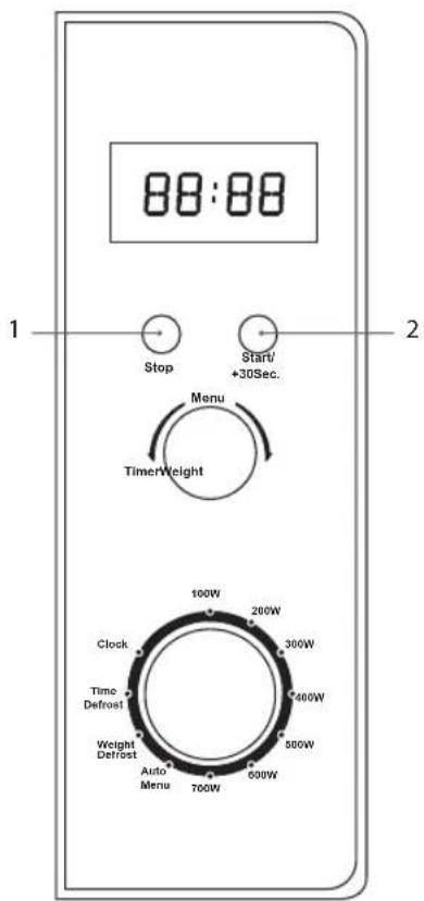 88:88 Stop Start/ +30Sec. Menu Timer/Weight 1 2 Clock Time Defrost Weight Defrost Auto Menu 700W 600W 500W 400W 300W 200W 100W