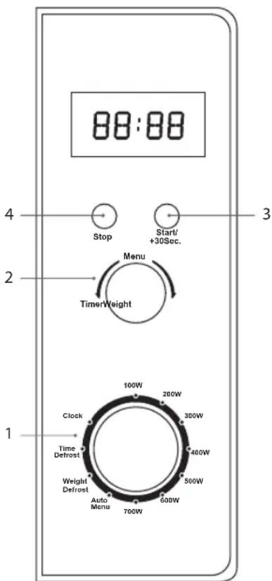 88:88 Stop Start/ +30Sec. Menu TimerWeight 100W 200W 300W 400W 500W 600W 700W Auto Menu Clock Time Defrost Weight Defrost