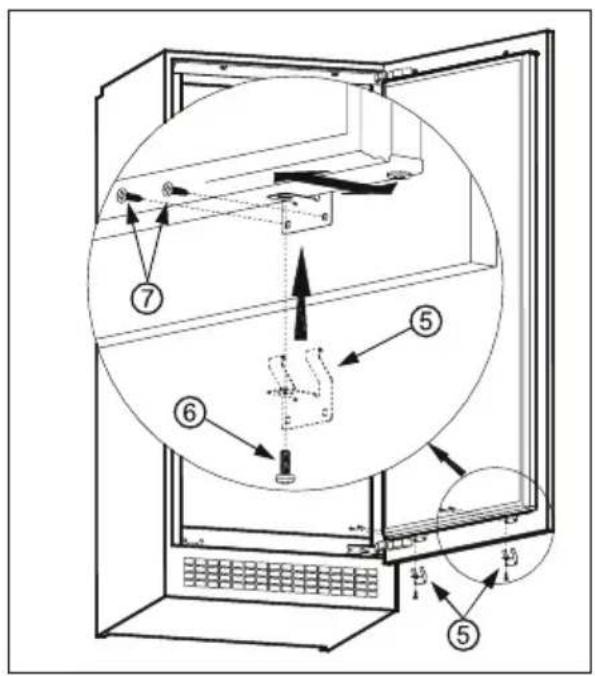 Technical diagram of a refrigerator interior with numbered components and directional arrows indicating assembly or movement.