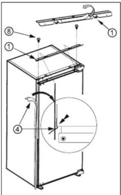 Technical diagram of a refrigerator with numbered parts and directional arrows indicating motion or assembly.