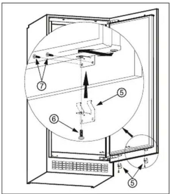 Technical diagram of an open refrigerator with numbered components and directional arrows indicating assembly or movement.