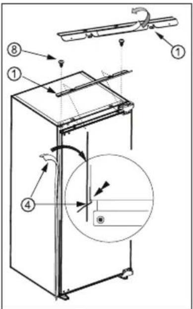 Technical diagram of a refrigerator with numbered parts and directional arrows indicating motion or assembly.