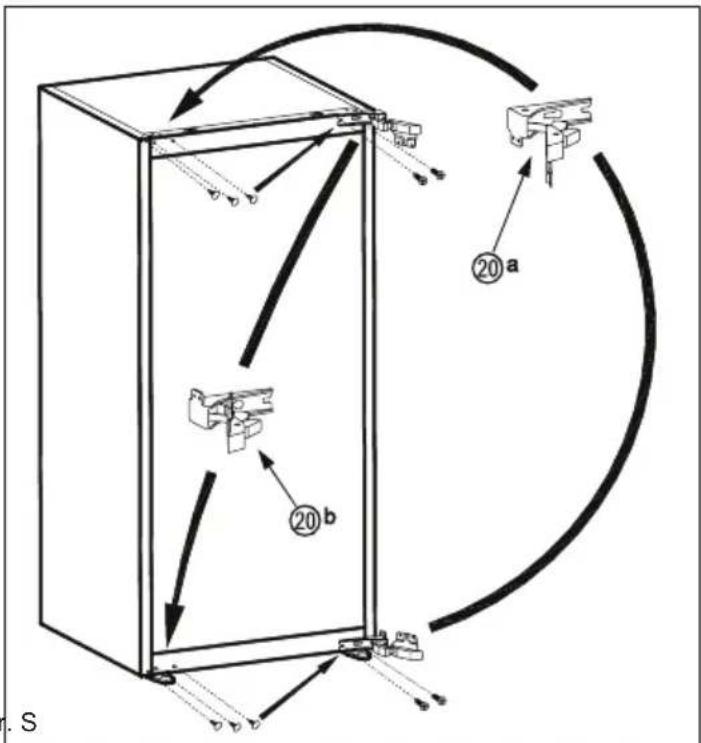 Technical diagram of a refrigerator with labeled parts and directional arrows indicating motion or assembly.