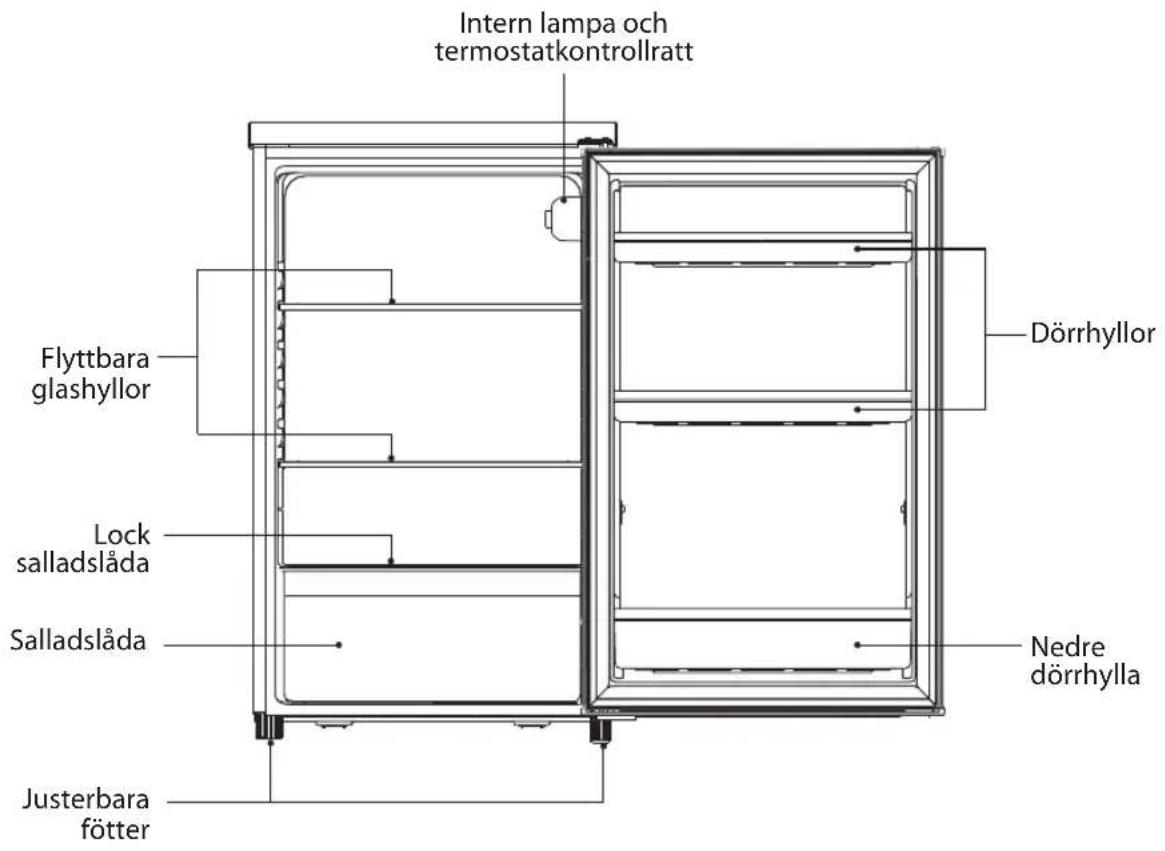 Intern lampa och termostatkontrollratt Flyttbara glashyllor Lock salladslåda Salladslåda Dörrhyllor Nedre dörrhylla Justerbara fötter