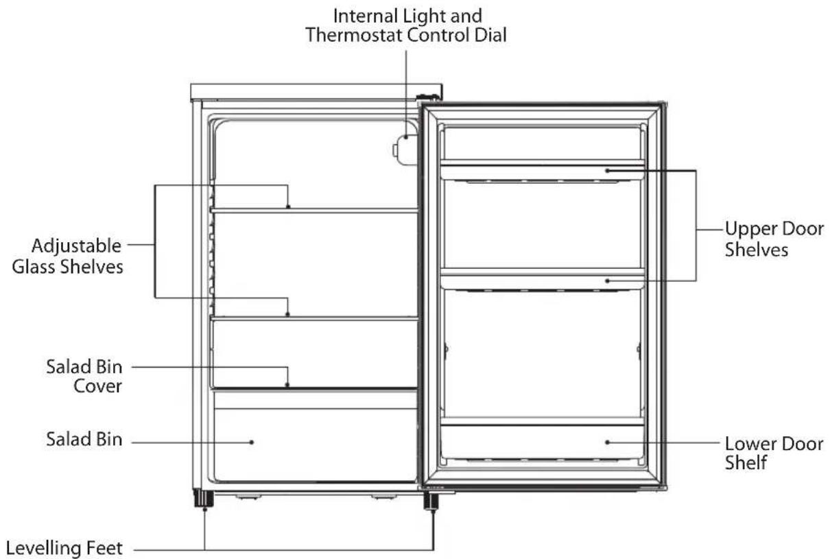 Internal Light and Thermostat Control Dial Adjustable Glass Shelves Salad Bin Cover Salad Bin Levelling Feet Upper Door Shelves Lower Door Shelf