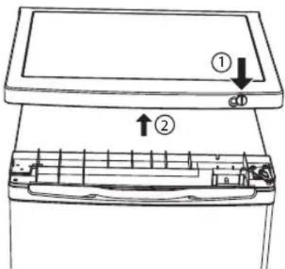 Diagram of a refrigerator interior with labeled parts and directional arrows indicating movement or change.