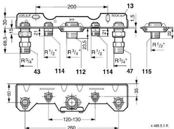 200 13 VORLAUF GAS RICKLAUF 1,5 30 15 21 23,5 21 R1/2" R3/4" R1/2" R3/4" R1/2" 43 114 112 114 47 115 50 35 120-130 260 4 485-5.1 R