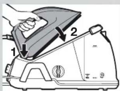 Diagram showing a hand using a steam iron to press down a component, labeled with parts 1 and 2.