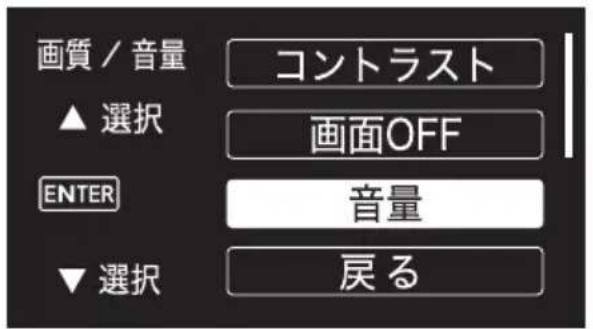 画質 / 音量 ▲ 選択 コントラスト 画面OFF ENTER 音量 ▼ 選択 戻る