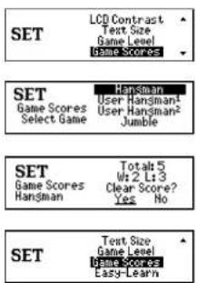 SET LCD Contrast Text Size Game Level Game Scores SET Game Scores Select Game Hansman User Hansman¹ User Hansman² Jumble SET Game Scores Hansman Total: 5 Wt 2 Lt: 3 Clear Score? Yes No SET Text Size Game Level Game Scores Easy-Learn