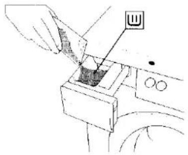 Diagram showing a hand inserting a component into a device, with a labeled 'W' symbol pointing to the component.