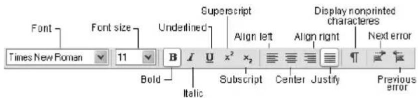 Font Times New Roman 11 Font size Bold Italic B I U x² x₂ Superscript Align left Align right Display nonprinted characters Next error Subscript Center Justify Previous error