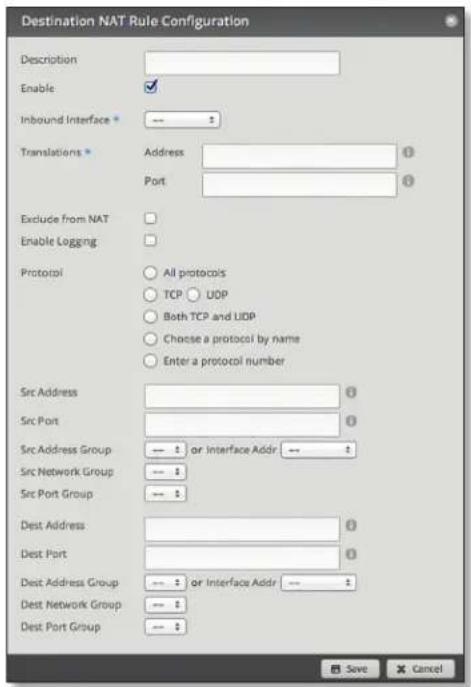 Destination NAT Rule Configuration Description Enable Inbound Interface * Translations * Address Port Exclude from NAT Enable Logging Protocol All protocols TCP UDP Both TCP and LiDP Choose a protocol by name Enter a protocol number Src Address Src Port Src Address Group or Interface Addr Src Network Group Src Port Group Dest Address Dest Port Dest Address Group or Interface Addr Dest Network Group Dest Port Group Save Cancel