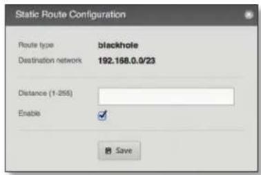 Static Route Configuration Route type blackhole Destination network 192.168.0.0/23 Distance (1-255) Enable ✓ Save