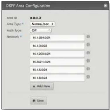 DSPF Area Configuration Area IO 0.0.0.0 Area Type * Normal/sec : Auth Type Off : Network * 10.1.254.0/24 10.1.0.0/23 10.1.200.0/24 10.242.1.0/24 10.1.5.0/24 10.1.6.0/24 + Add New Save