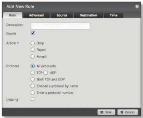 Add New Rule Basic Advanced Source Destination Time Description Enable Action * Drop Reject Accept Protocol All protocols TCP UDP Both TCP and UDP Choose a protocol by name Enter a protocol number Legging Save Cancel