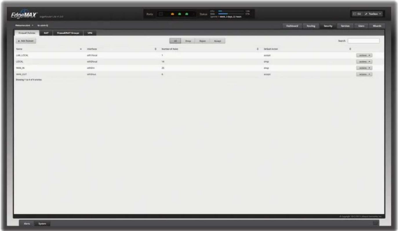 EdgeMAX® Wireless Router Liny v1.8.0 Ports Status CPU Baidu system: 1 week, 2 days, 32 hours Add User Name interfaces Number of Rules Default Action LAB_LOCAL athLocal 1 accept Actions LOCAL athLocal 14 drop Actions RAW_IN athIn 25 drop Actions RAW_OUT athOut 6 accept Actions Showing 9 to 4 of 4 empires Dashboard System © Copyright © 2013-NEUT Wireless Networks, Inc.