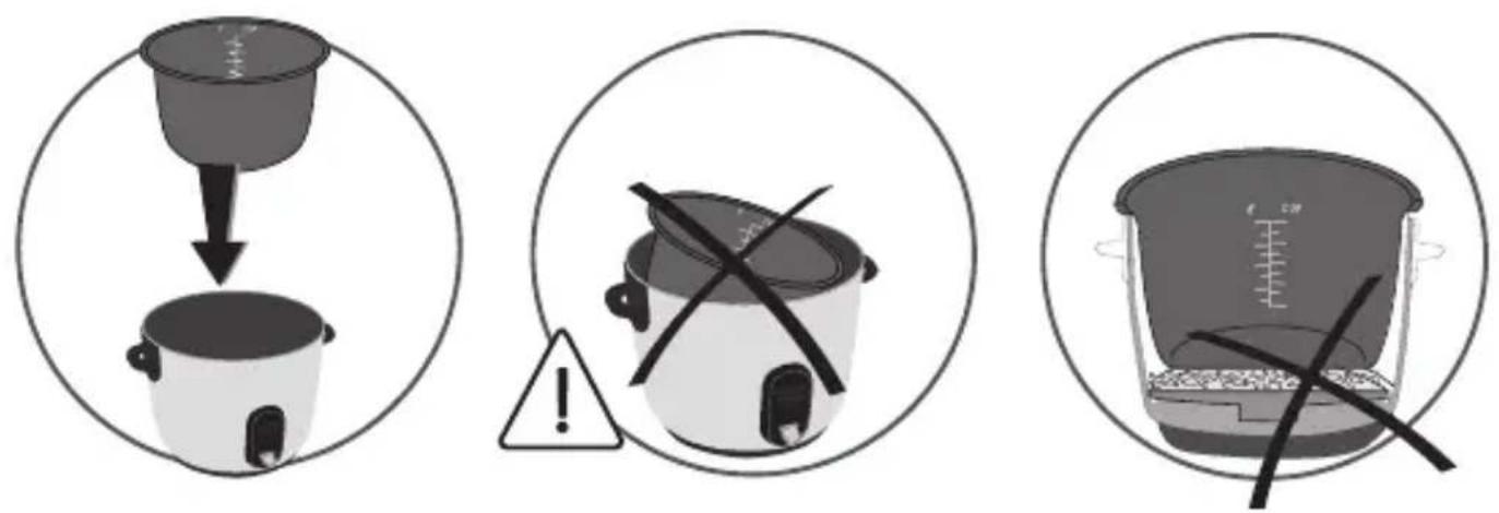 Diagram illustrating three steps of cooking: pouring a cup into a pot, breaking a pot with crossed handles, and measuring the weight of a bucket.
