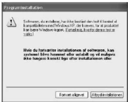 Programinstallation Software, du installare, han ikke bestået den test til kontrol at kompatibiliteten med Windows XP, der kusses, for at produktet kan baste Windows loget. [Fortset mig, hvorfor denne test er vripal] Hvis du fortsætter installationen af softwaren, kan systelemt blirs hesmet eller ustabilt og vil maligvis ikke fungere konsekt lige after installationen eller Forset allgevel Albyd installationen