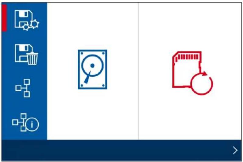 Screenshot of a software interface showing two icons: a blue folder with a magnifying glass and a red document with an arrow.