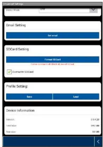 Advanced Settings Delict Mode: OFF Email Setting Set email SDCard Setting Format SDCard Forma command will (SDCd all size of SDCd) Overwrite SDCard Profile Setting: Save Load Device Information Version: 0.9.4.20 Translation: 040 MHz Free size: 88.5MB