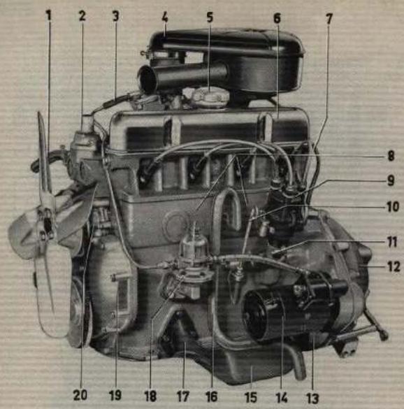 Technical diagram of a diesel engine with numbered parts for identification