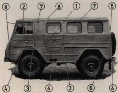 Labeled diagram of a military-style vehicle with numbered parts for identification