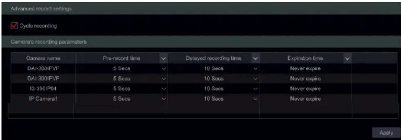 Advanced record settings ✓ Cycle recording Camera's recording parameters Camera name Pre-record time ✓ Delayed recording time ✓ Expiration time ✓ DAI-380/IPvF 5 Secs ✓ 10 Secs ✓ Never expire DAI-390/IPvF 5 Secs ✓ 10 Secs ✓ Never expire I3-390/IP04 5 Secs ✓ 10 Secs ✓ Never expire IP Camera1 5 Secs ✓ 10 Secs ✓ Never expire Apply