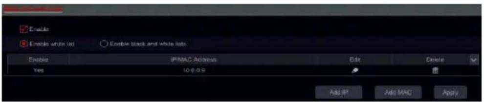 Enable Enable white list Enable black and white lists Enable IPMAC Address Edit Delete Yes 10.0.0.9 Add IP Add MAC Apply