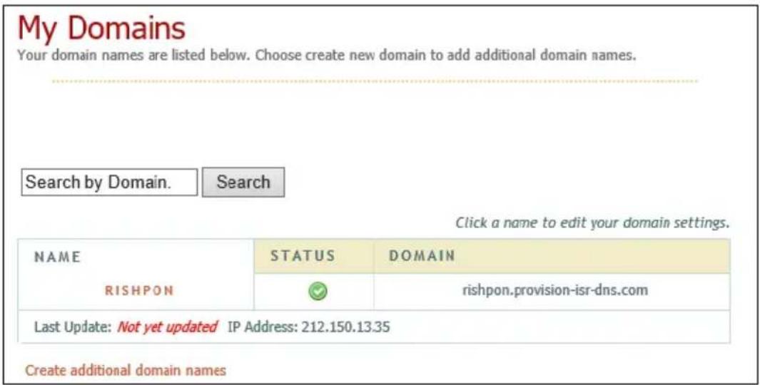 My Domains Your domain names are listed below. Choose create new domain to add additional domain names. Search by Domain. Search Click a name to edit your domain settings. NAME STATUS DOMAIN RISHPON ✓ rishpon.provision-ISR-dns.com Last Update: Not yet updated IP Address: 212.150.13.35 Create additional domain names